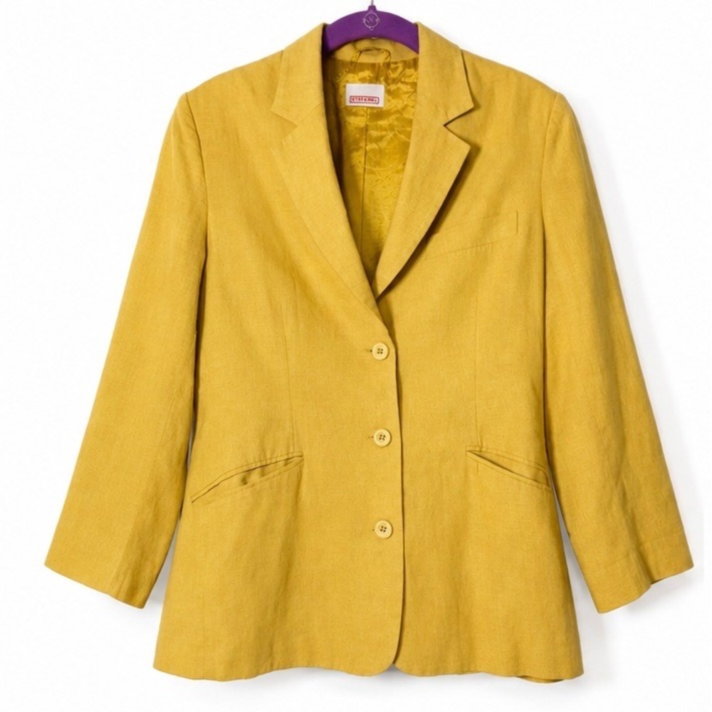 Stefanel Vintage Mustard Yellow Linen Cotton Blend Blazer Jacket IT 42